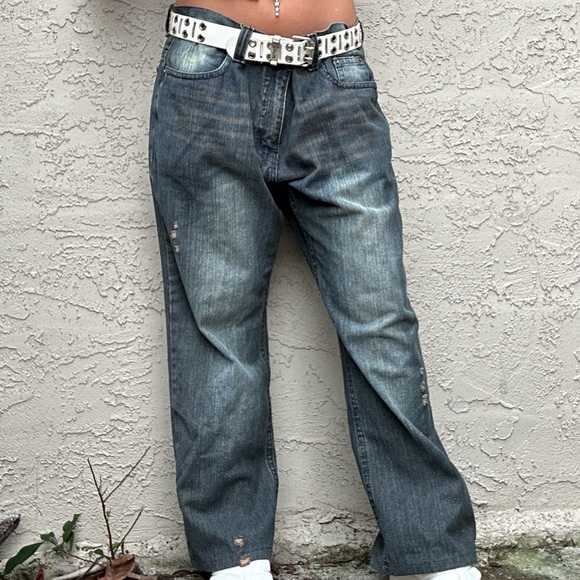 Y2k Distressed Dark Wash Fusai Baggy Jeans - Picture 2 of 10